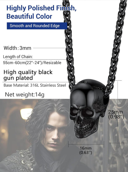 Goth Skull Necklace for Men, Punk Gothic Halloween Jewelry, Gold Plated/Black Stainless Steel Skull Pendant, Come with Box