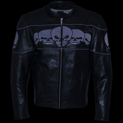 3 Skull Head Black Leather Motorcycle Jacket with X-Armor Protection