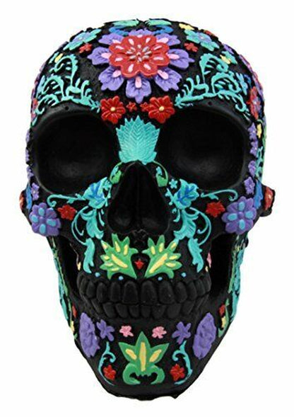 Ebros Gift Day of the Dead Black Multi Colored Floral Tattoo Skull Figurine 8"L