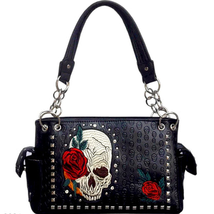 Red Rose Skull Handbag Purse Wallet Set