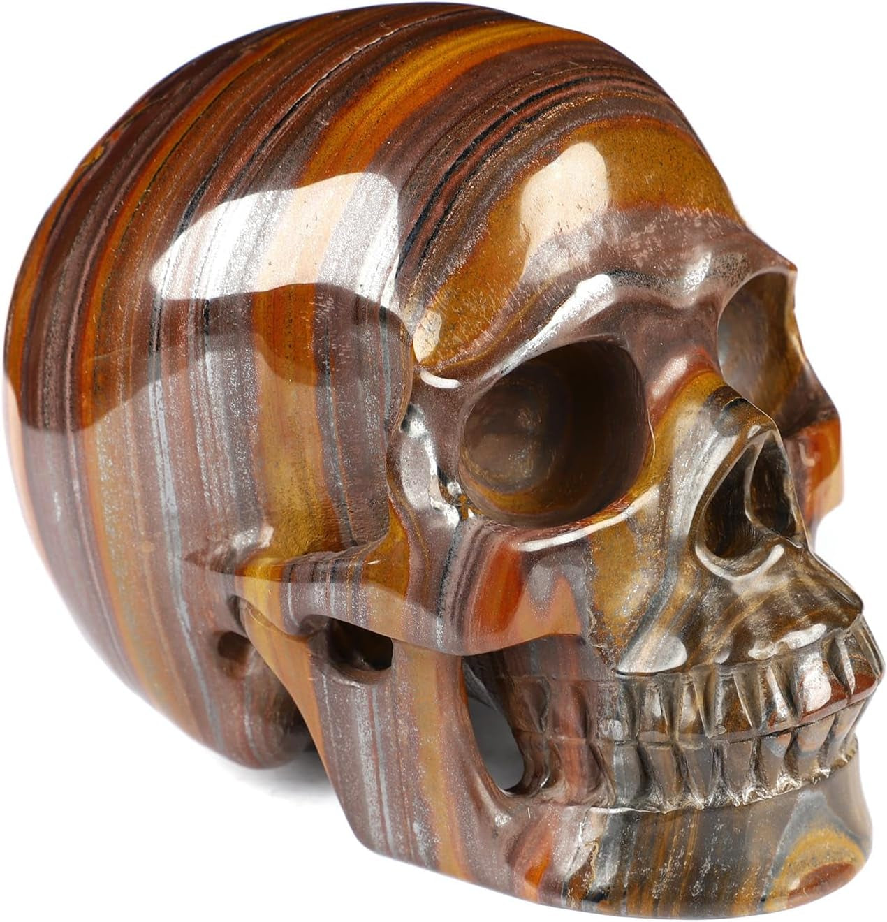 5.0" Colorful Tiger Iron Eye Crystal Skull, Hand Carved Gemstone Fine Art Sculpture, Reiki Healing Stone Statue.2842