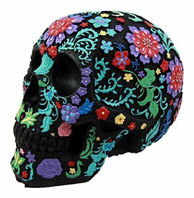 Ebros Gift Day of the Dead Black Multi Colored Floral Tattoo Skull Figurine 8"L