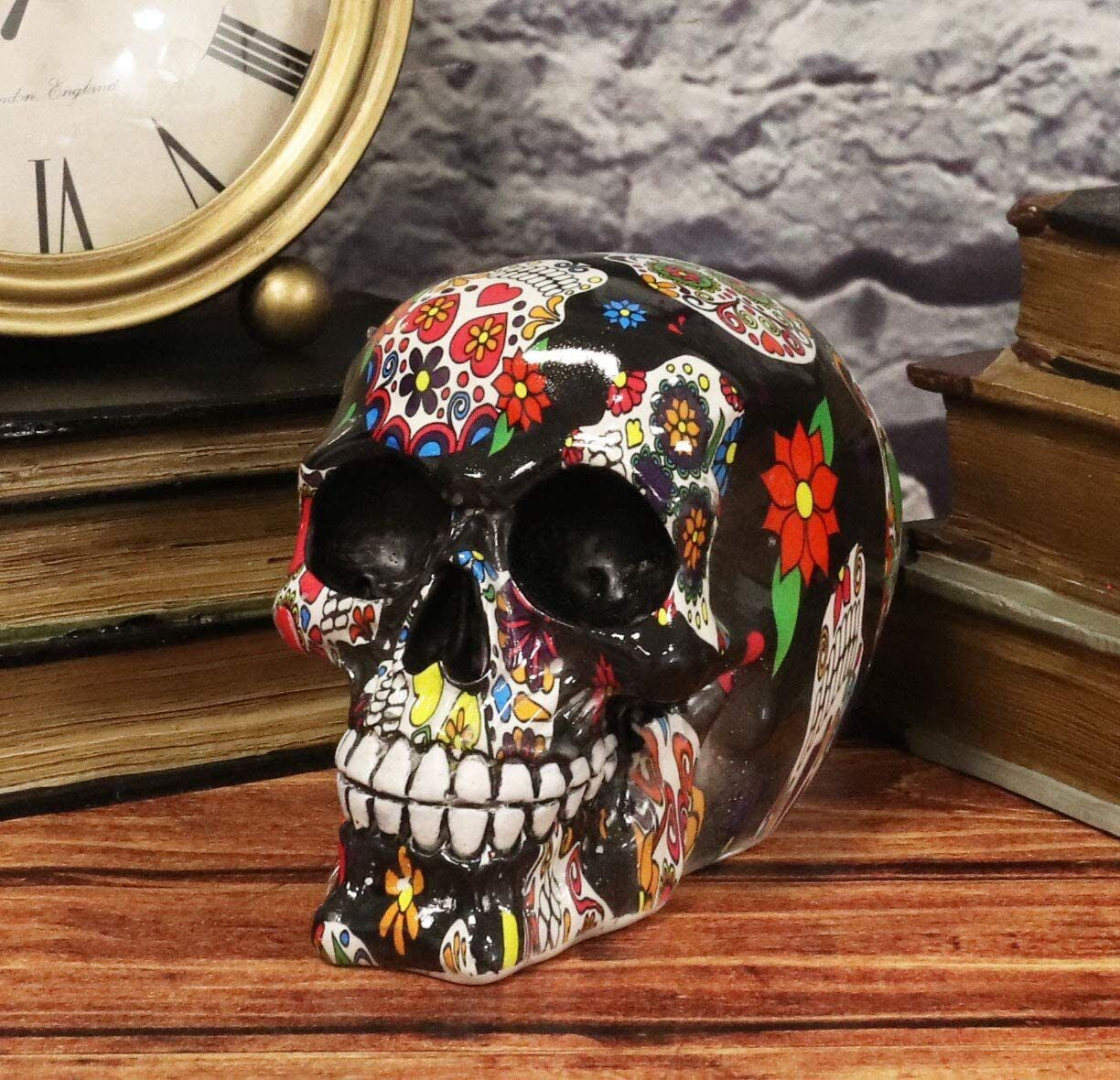 Ebros Day of the Dead Black Sugar Skull with Floral Tattoo Cranium Skull Statue