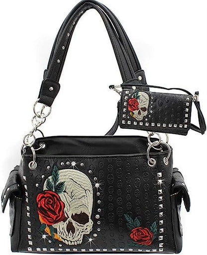 Red Rose Skull Handbag Purse Wallet Set