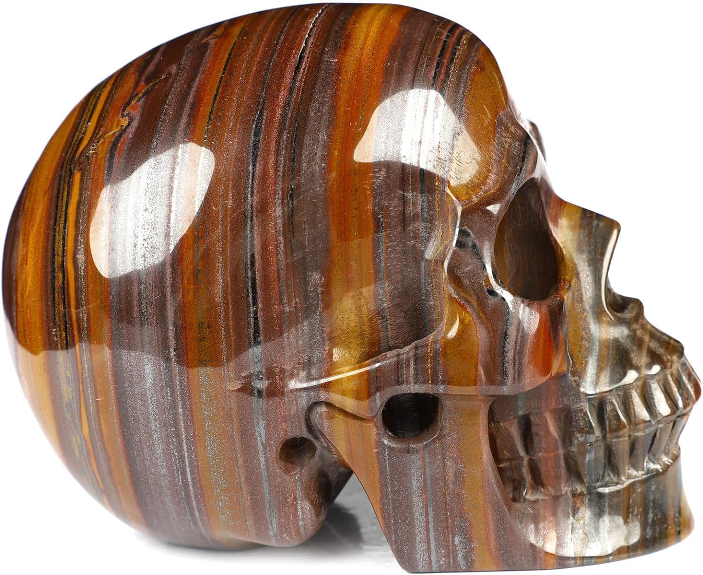 5.0" Colorful Tiger Iron Eye Crystal Skull, Hand Carved Gemstone Fine Art Sculpture, Reiki Healing Stone Statue.2842