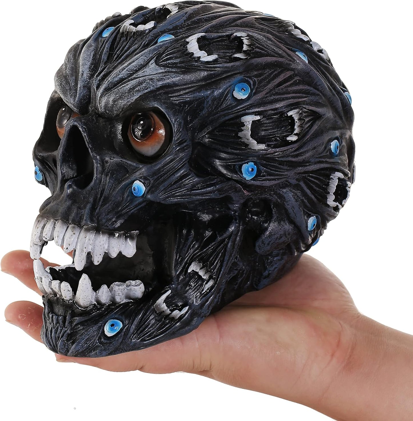 Large Alien Demonic Skull Evil Eyes and Vampire Teeth Hand Painted Colors Resin Skulls Statue