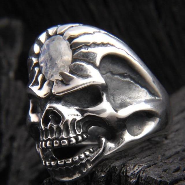 Mens Silver Moonstone Ring | Skull Action