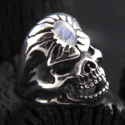 Mens Silver Moonstone Ring | Skull Action