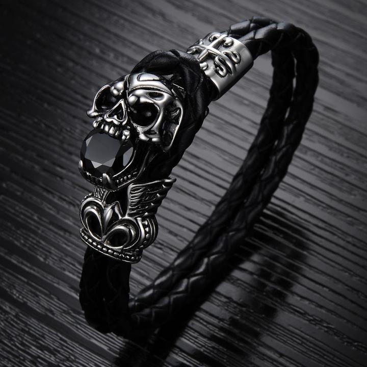 Mens Skull Leather Bracelet | Skull Action